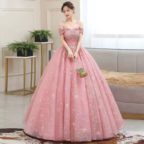 Student Art Exam Evening Dress Pink Banquet Pong Princess Dress 2026 Spring/Summer New Off Shoulder Bead Ball Dress