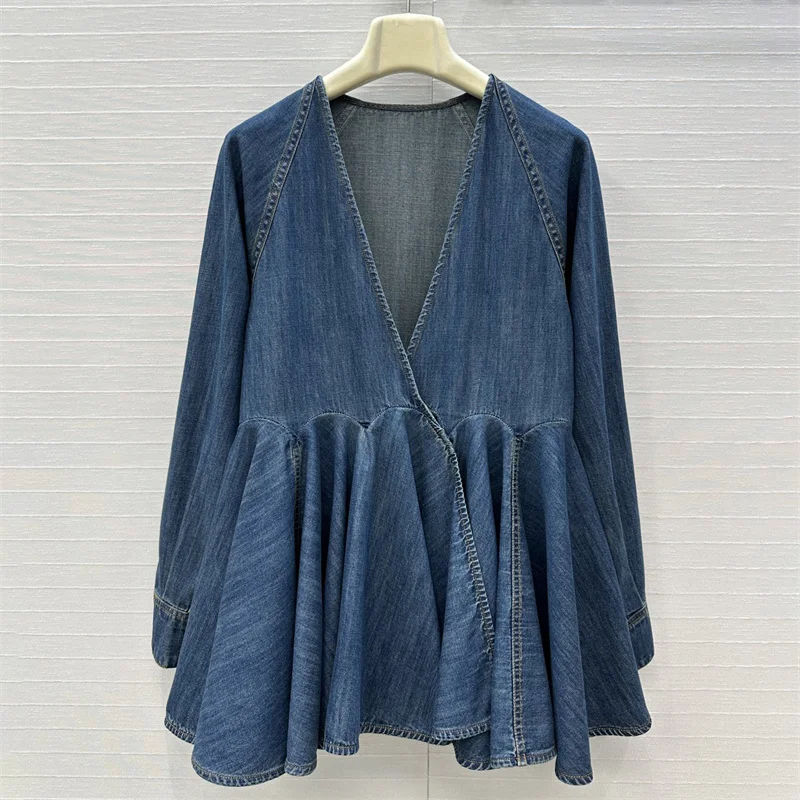 

Women's shirt New retro pure cotton V-neck long sleeved top for autumn 2025 Asymmetric slim fit Women's blouse fluffy mini dress