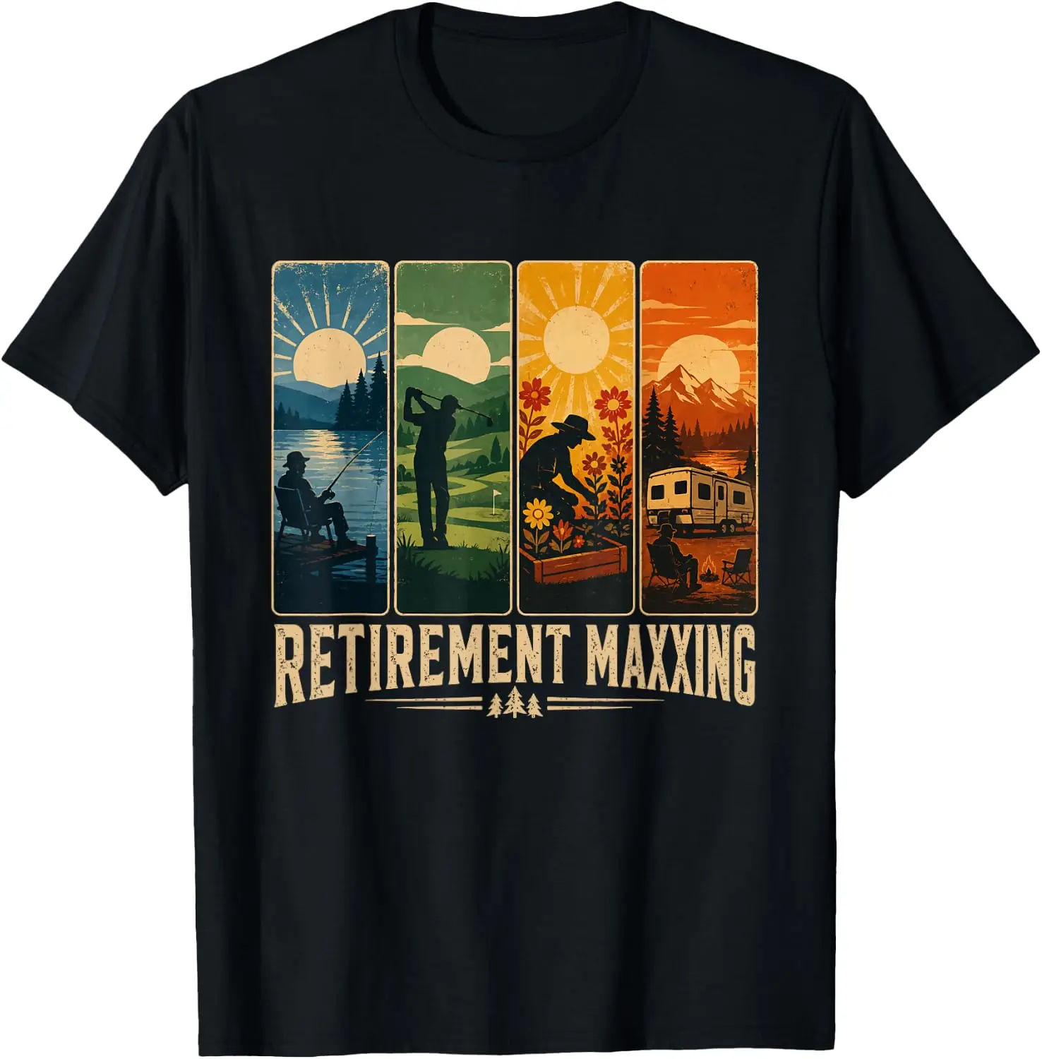 Retirement Maxxing Fishing Golf Gardening RV Retired Mens T-Shirt 100% Cotton Trendy Y2K Short-Sleeve Tee-Soft, Quick-Drying,