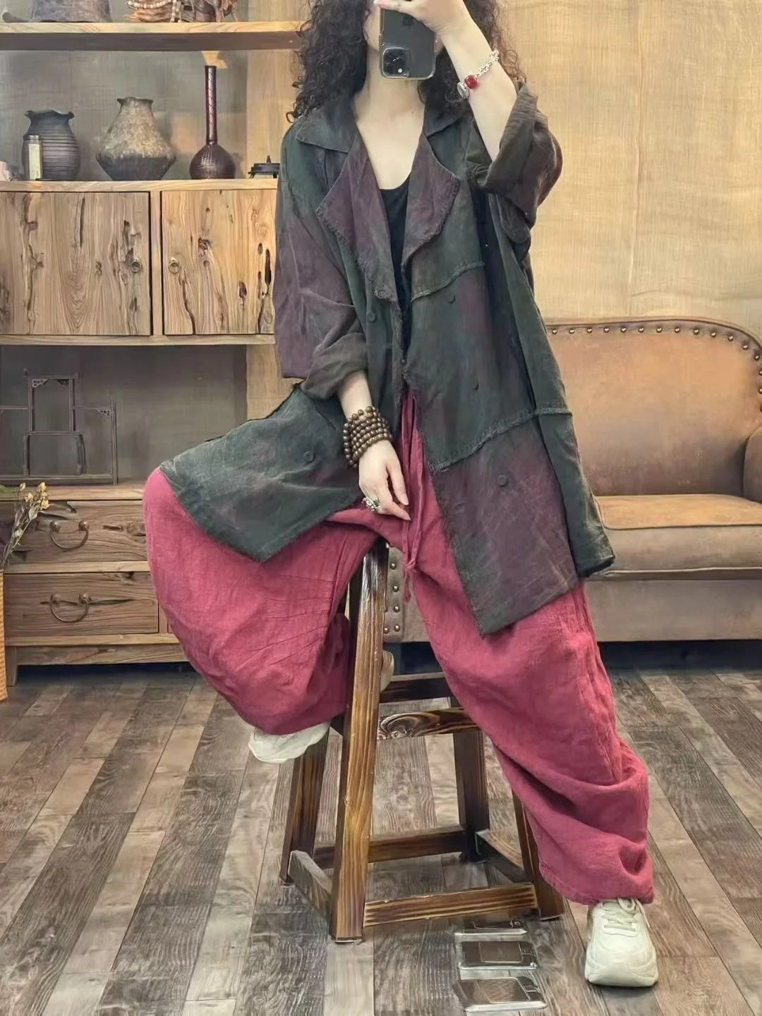 

Casual Linen Suit Collar Oversize Jaet Women's Faion Artistic Splicing Windbreaker Coat with awl Collar Long Sve