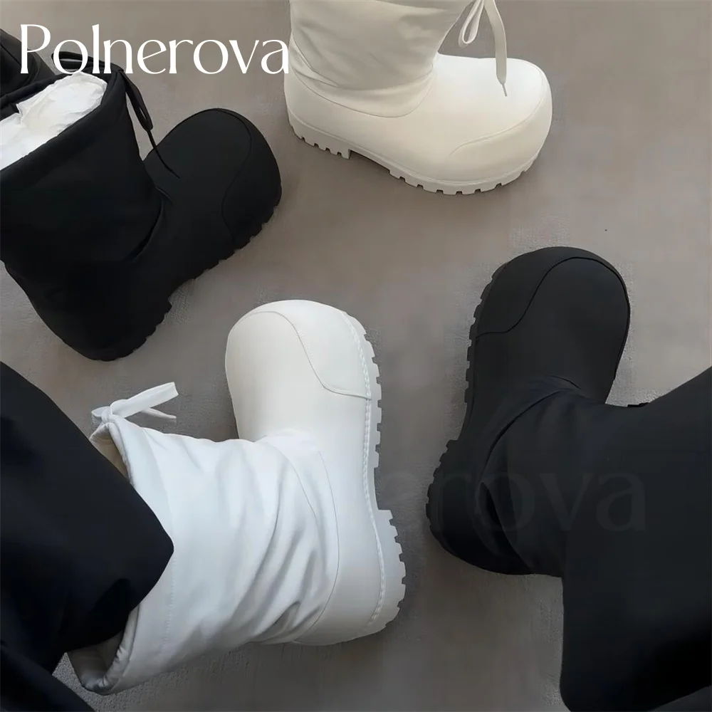 Botines de punta Extra redonda para hombre y mujer, botas de nieve de estilo exagerado, piel Artificial, nailon, cálidas, de invierno, color blanco y negro