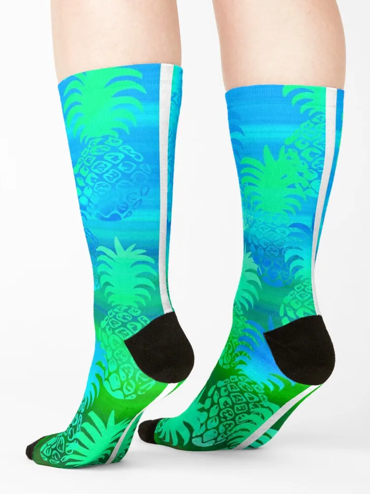 Pukana Hawaiian Pineapple Sunset Blend - Leaf green and ocean blue Socks bright garter FASHION football Woman Socks Men's