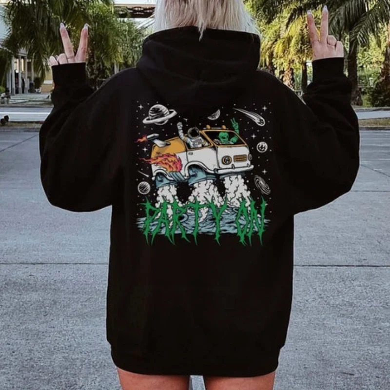 

Party on Alien Hoodie | Soft Pullover Hoodie with Green Alien and Astronaut Partying in Space Retro Trippy Clothes for Men Women