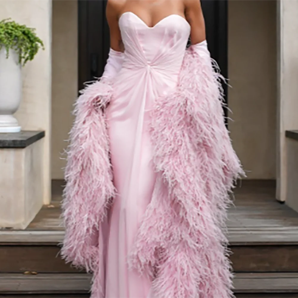 

Elegant Sweetheart Ruched Sheath Pink Feather Train Formal Evening Dresses Birthday Party Prom Gowns Customized