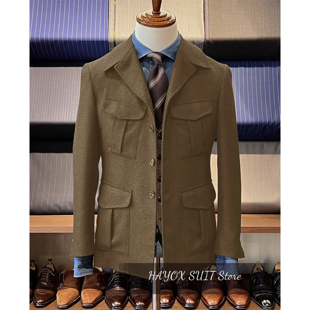 Vintage Tweed Men's Hunting Jacket Herringbone Hunting Jacket Casual 4 Pockets Fashion Design Blazer Single Breasted