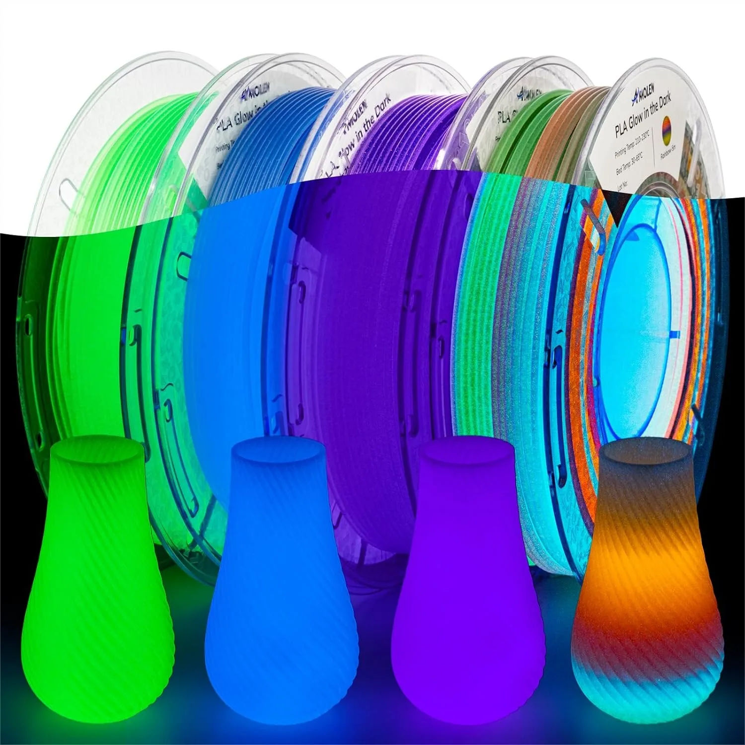 

Glow in The Dark 3D Printer Filament Bundle, 5 Meter Rainbow, 1.75mm PLA, Dimensional Accuracy +/- 0.02 mm, 200g X 4 Pack