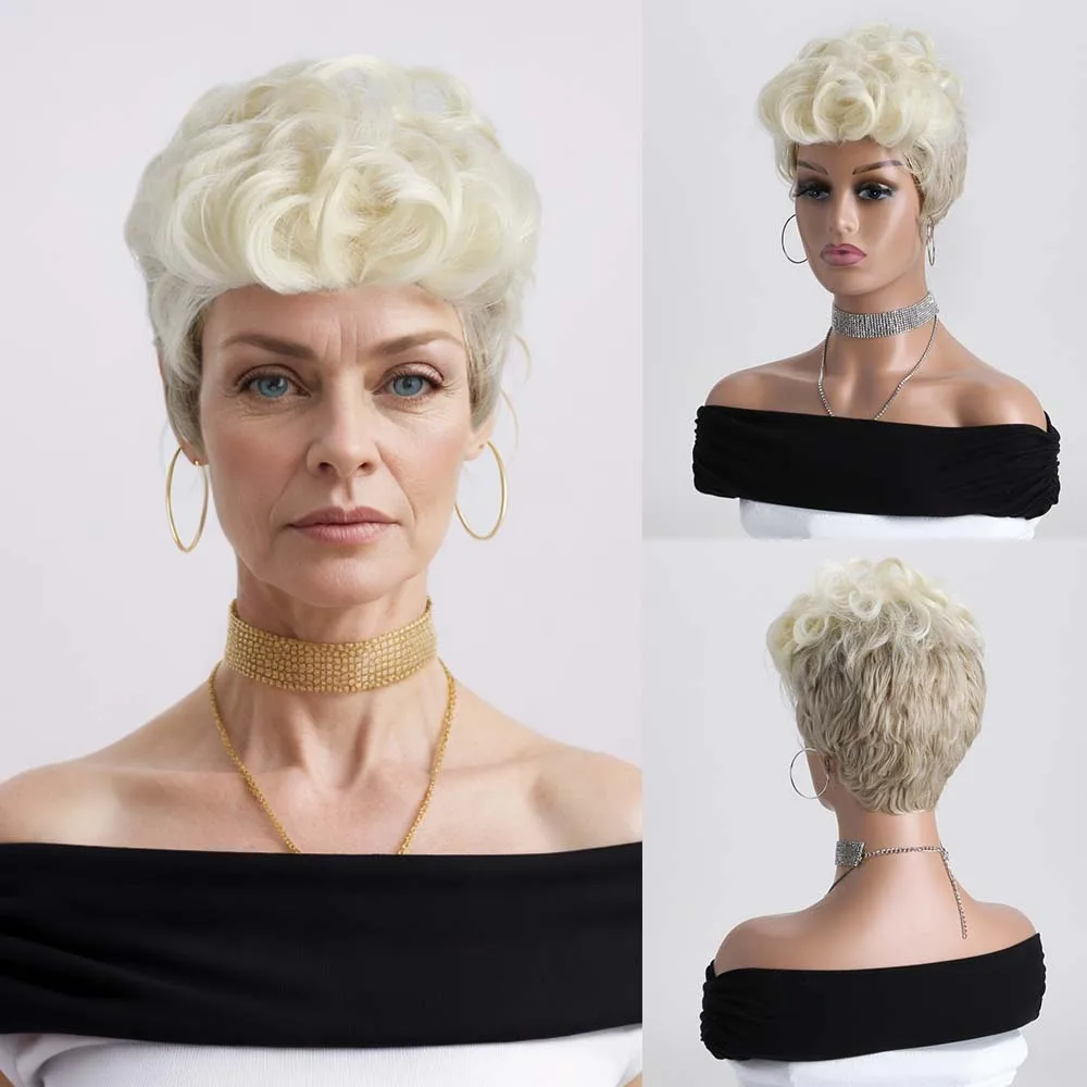 

Synthetic Short Curly Pixie Cut Wig Mixed Light Gold Wig Cosplay Wig for Women Daily Use Fake Hair