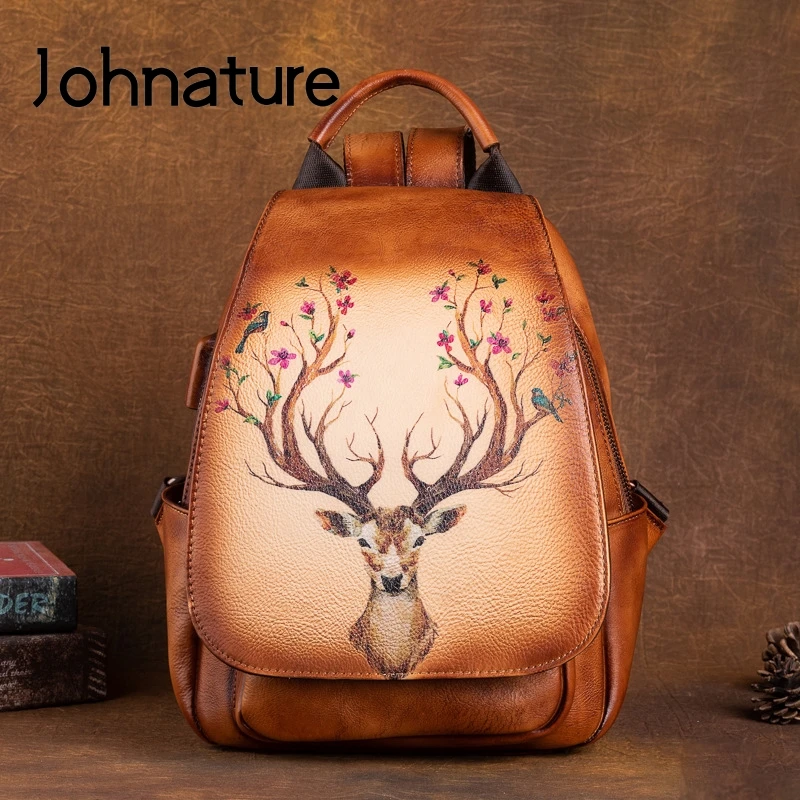 Johnature Vintage Genuine Leather Women Backpack Travel Bags 2024 New First Layer Cowhide Hand Painted Large Capacity Backpacks