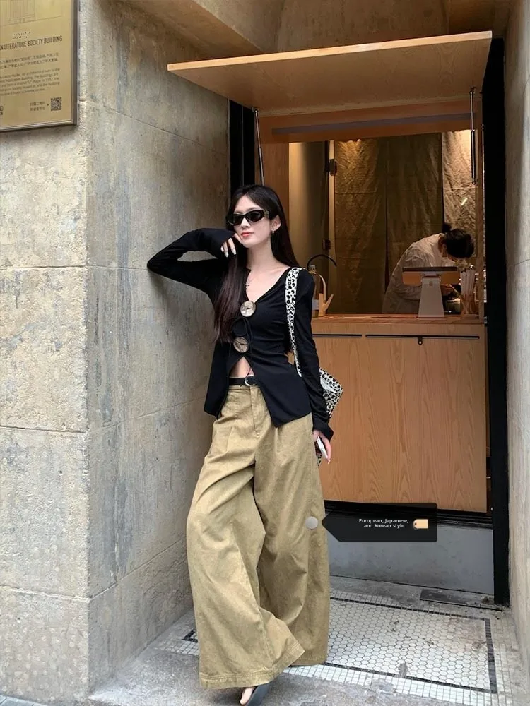 

High Waist Wide Leg Jeans Women's Slim Fit American Retro Leaf Yellow Straight Cut Loose Jeans Summer New Style plus Size