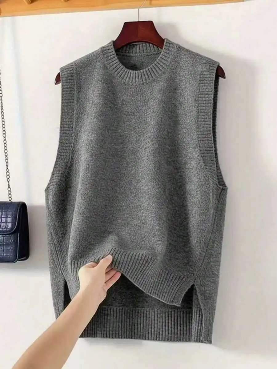 

Men's Knit Sleeveless Vest - Crew Neck, Side Slits, Casual Solid Color Sweater