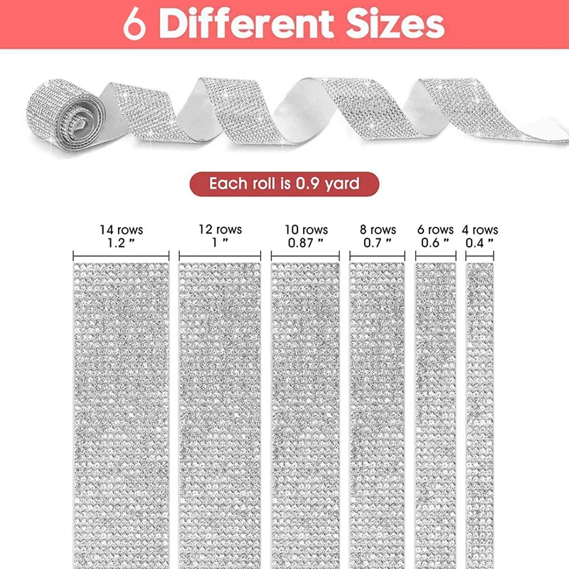 ริบบิ้นพลอยเทียมสีเงิน6ม้วนกาวในตัวม้วนคริสตัลแวววาวสติกเกอร์เครื่องประดับแบบม้วนมีกาวในตัว