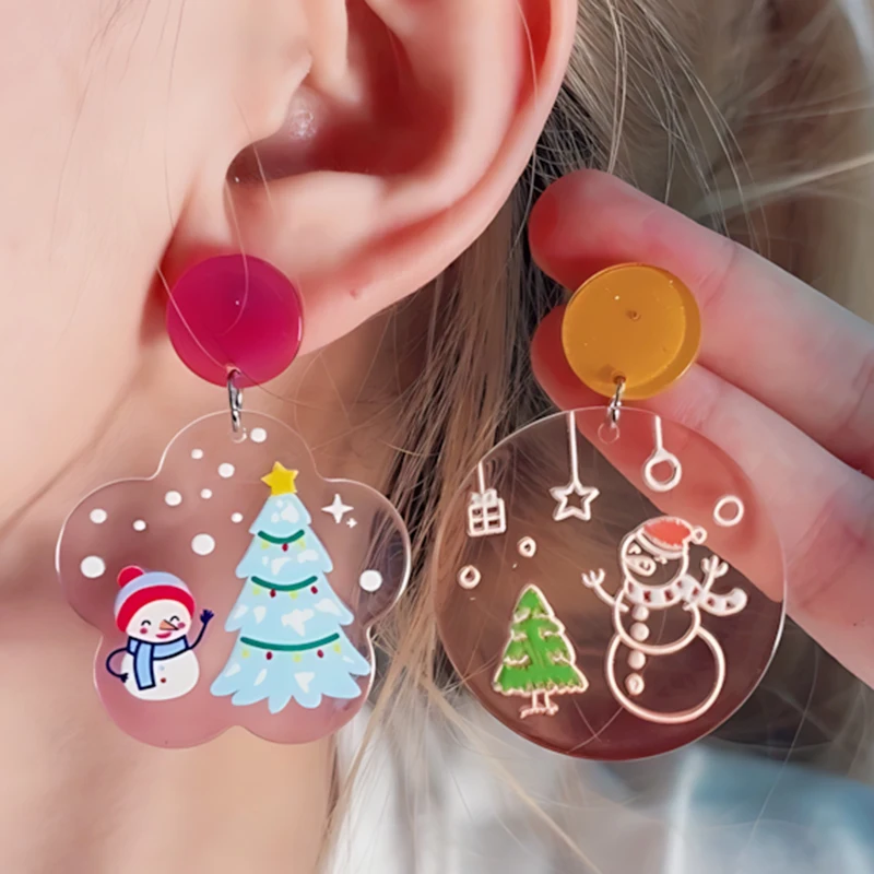 Cute Halloween Color Gradient Semi Transparent Dangle Earrings Cartoon Snowman Christmas Tree Pattern Trend Girls Jewelry Gifts