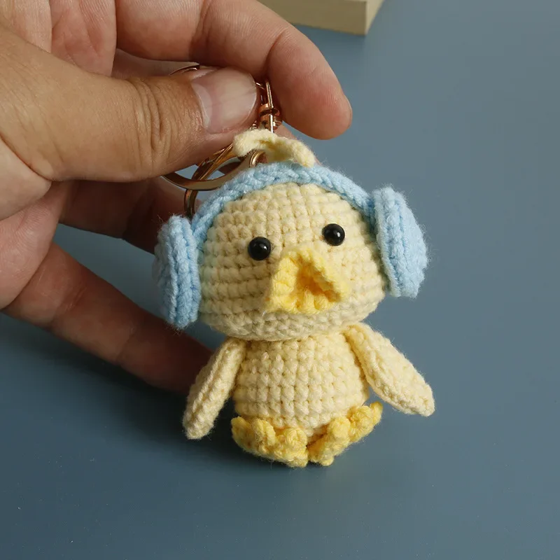 

Funny Yellow Duck Doll Crochet Keychain For Car Keys Cute Animal Doll With Earphone Design Knitting Rabbit Doll Keyrings Gifts