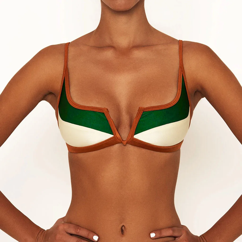 Vintage Micro Bikini Patchwork Swimsuit Brazilian Sexy Swimwear Female 2023 New Summer Colorblock V-bar Green Bathing Suits