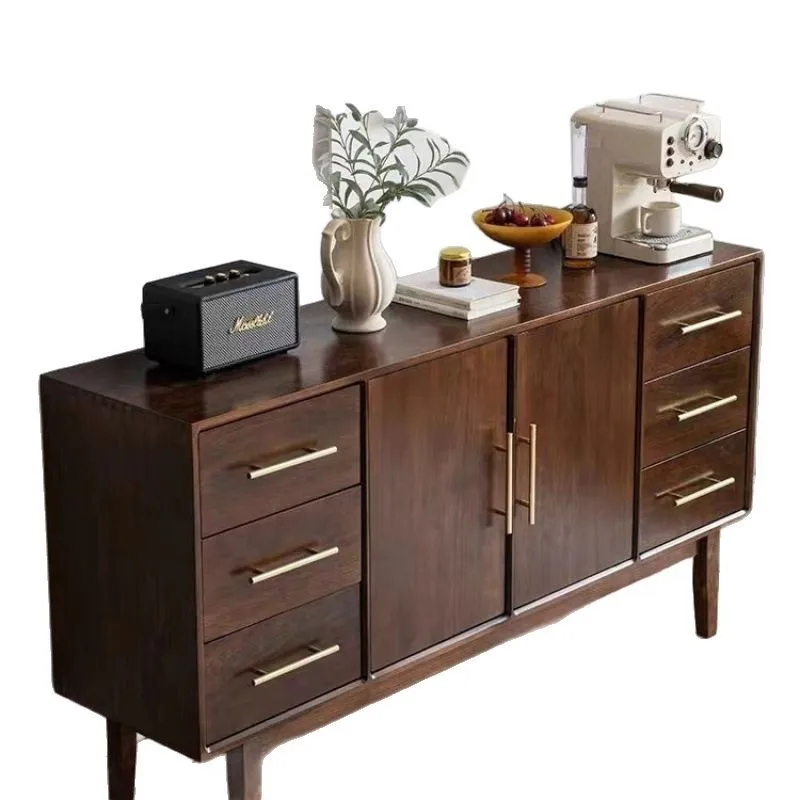 Nordic side cabinet, solid wood, black walnut color, restaurant storage cabinet, light luxury