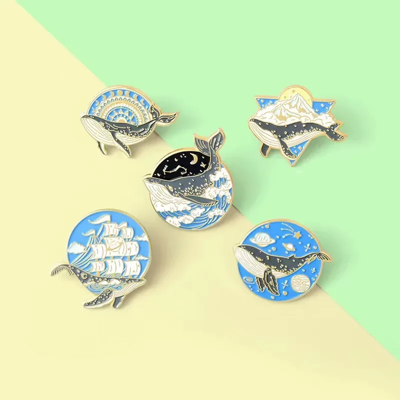 5 Styles Moonlight Whale Enamel Pins Galaxy Sky and Sea Ocean Brooches for Men Women Romantic Badges Accessories Wholesale