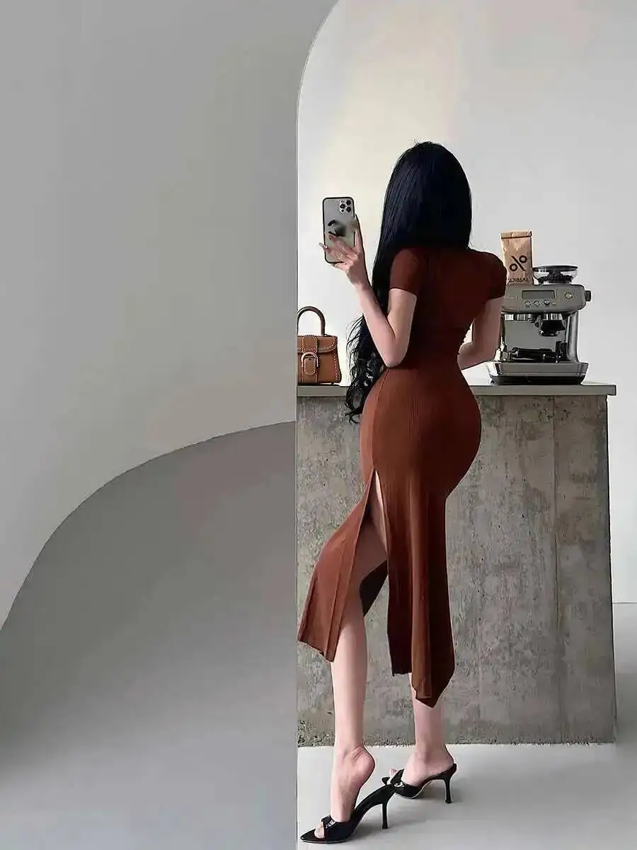 Basic Nauwsluitende Slanke Korte Mouwen Taille Cinching Slit Mid Lengte Hip Knuffelen Jurk T-shirt Zoete Koreaanse Vrouwen Tops G8F8