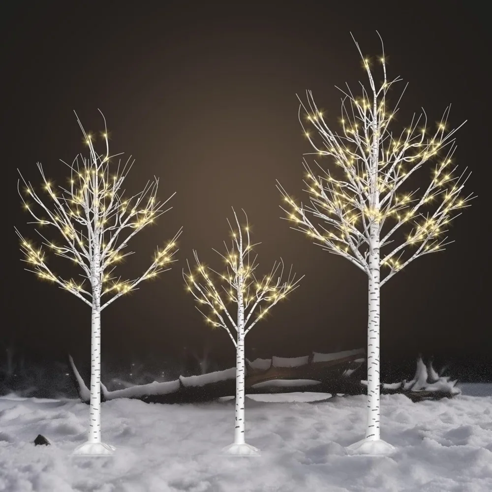 Outdoor Christmas Decorations Lighted Birch Tree Set of 3, Led Warm White Birch Tree 4 Feet 6 Feet and 8 Feet, Lighted Tree