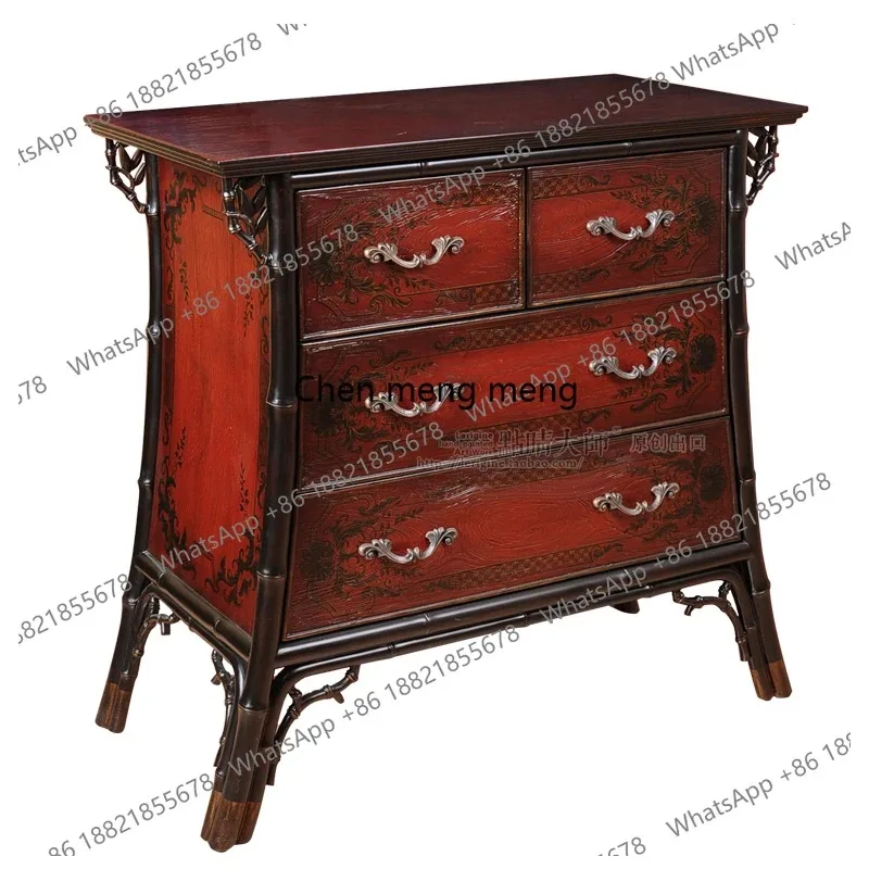 RH Living room retro black gold relief burgundy bamboo six bucket high cabinet storage cabinet
