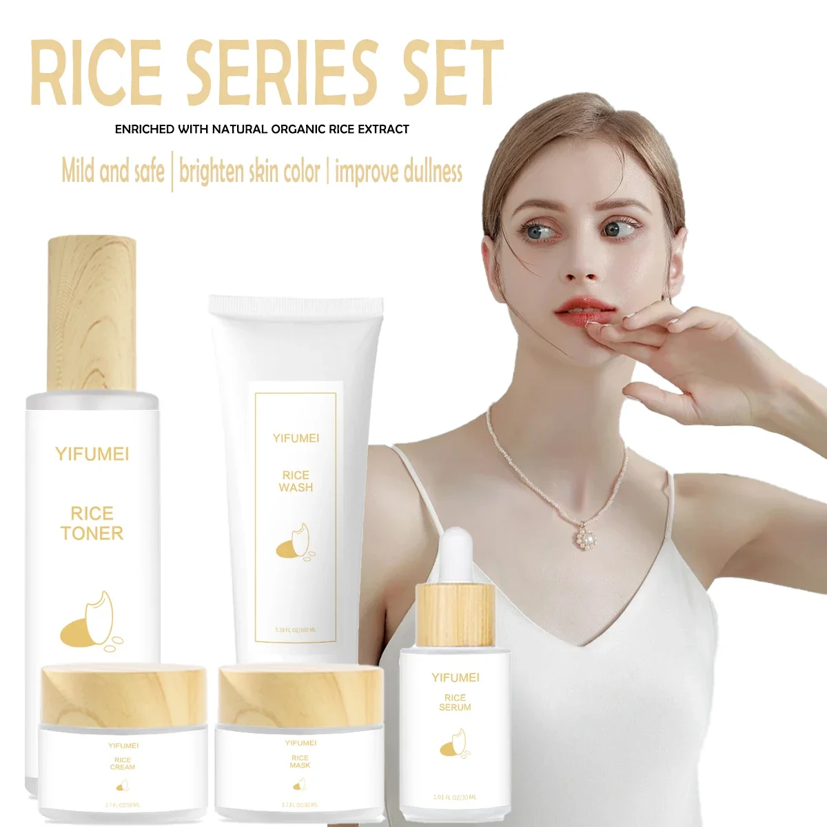 5pcs/Set Rice Facial complete skincare kit Whitening Brightening Serum Cream Remove Acne Lighten Dark Spots Anti Aging Cleansing