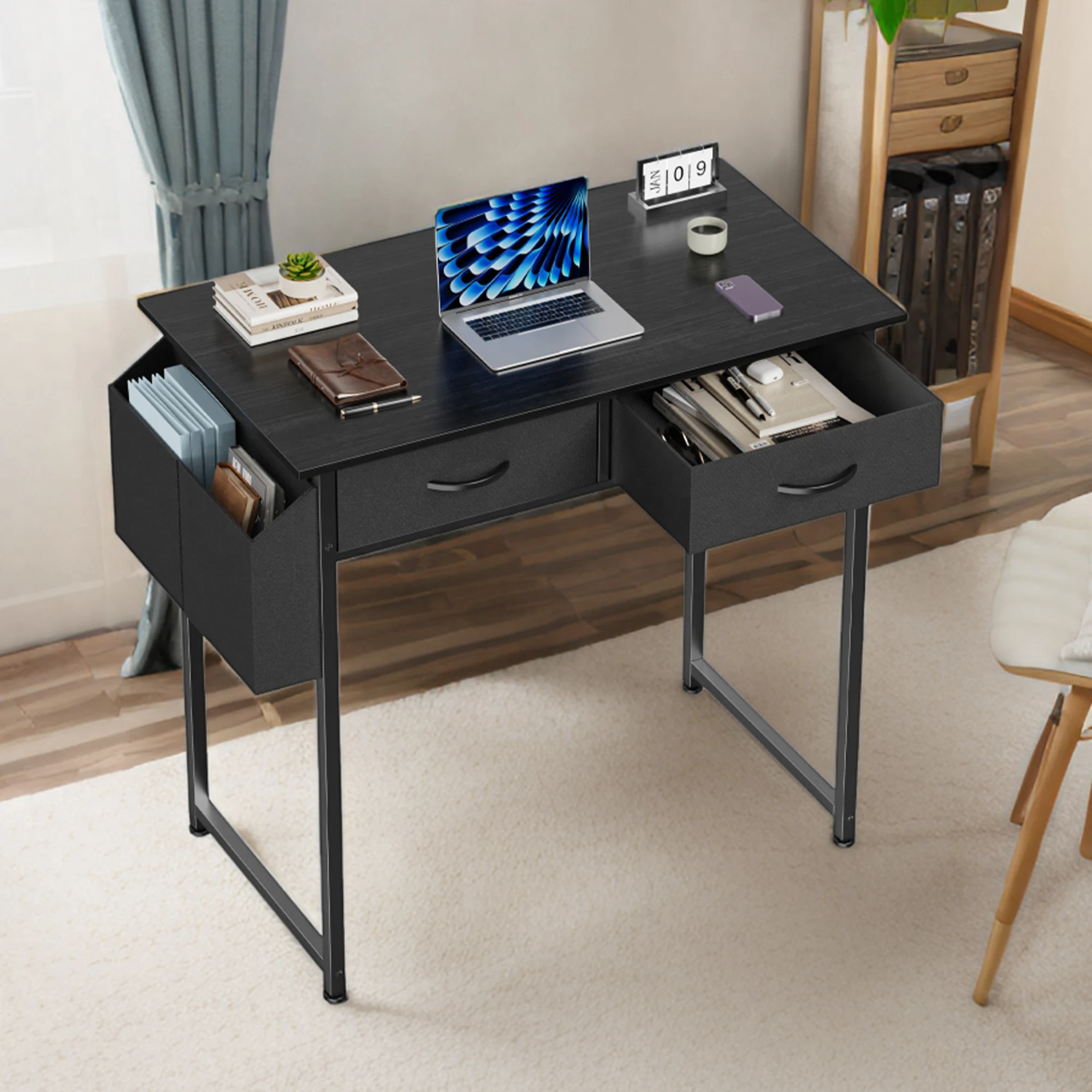 JHK Modern Office Computer Desk 32 Inch with Fabric Storage Drawers Space Side Bag Metal Frame Adjustable Feet For Home PC Table