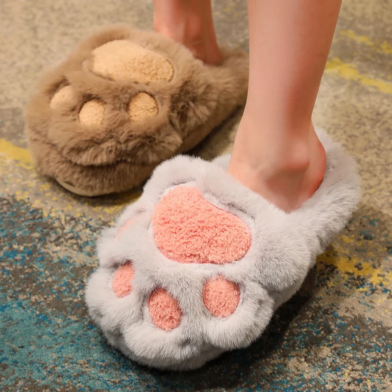 Cotton Slippers Female Simulation Cat Paw Slippers Indoor Home Plush Anti-skid Shoes Cute Home Furry Slippers