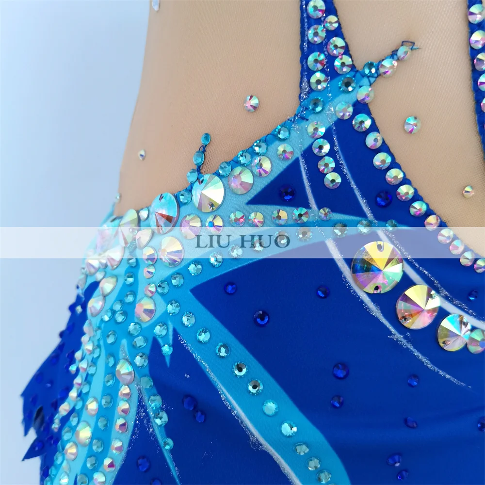 LIUHUO Rhythmic Gymnastics Leotard Aerobics Adult Women Girl Costume Performance Competition Dance Dress Multicolor Teens Blue