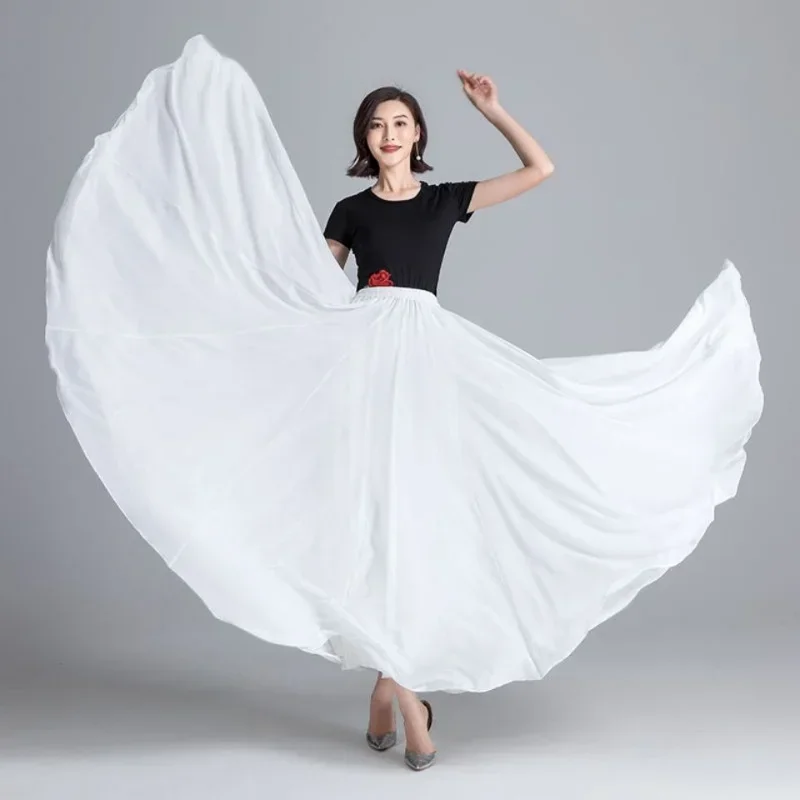 New 720 Degree Dance Skirt Pleated Long Skirt Women's Summer Solid Color High Waist Chiffon Long  Large Swing Skirt Colors