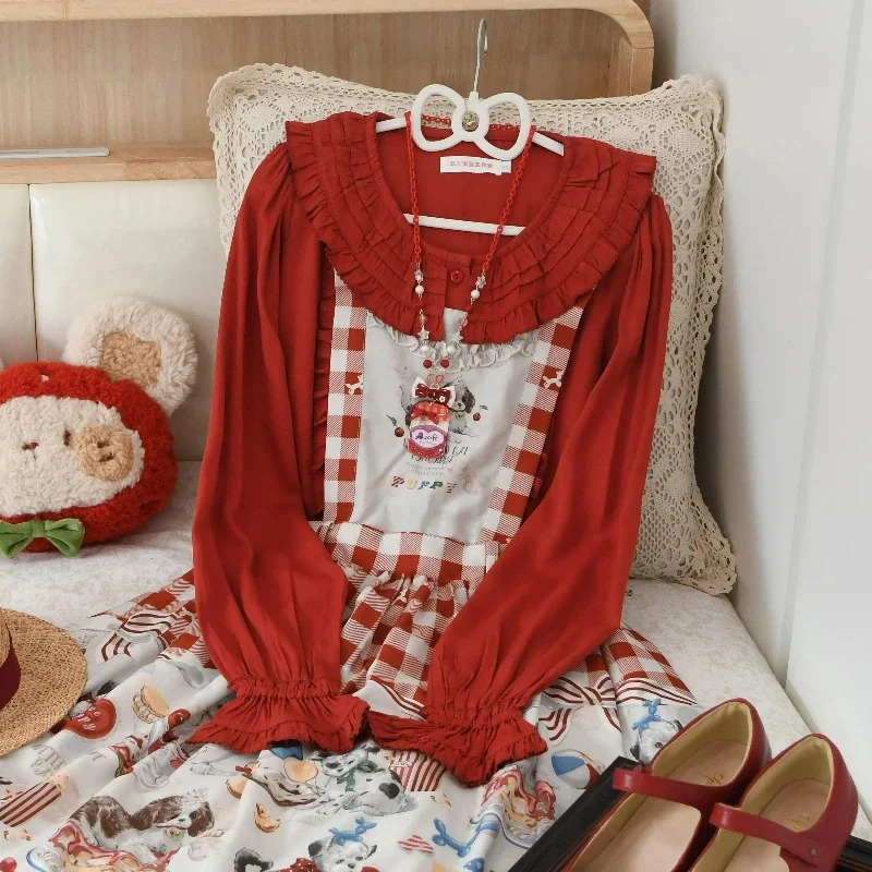Vintage Sweet Lolita Style Shirts Women Kawaii Ruffes Peter Pan Collar Long Sleeves Blouses Female Japanese Princess Loose Tops