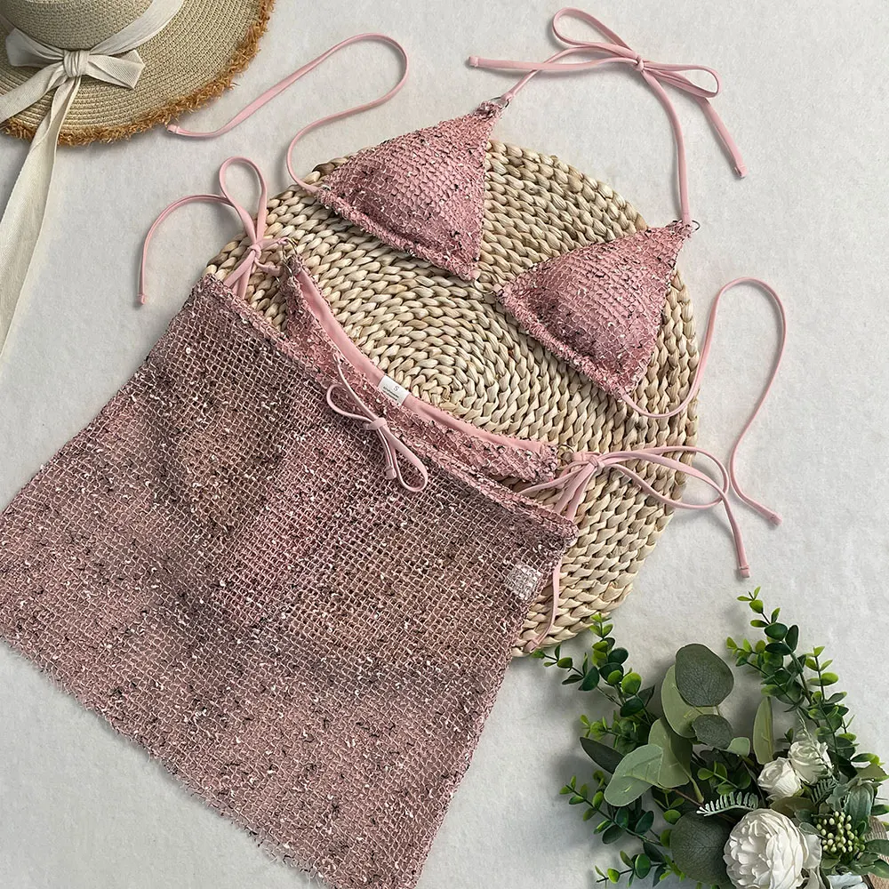 

Летний купальник женский, купальный костюм из трех предметов, женский комплект бикини, купальник, сексуальный купальный костюм для отпуска, юбка-бикини, накидка