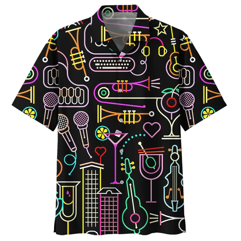 

Men's Saxophone Graphic Shirts Short Sleeve Buttons Lapel Shirt For Summer Oversized Tops Vacation Casual Hawaiian Shirts Camisa