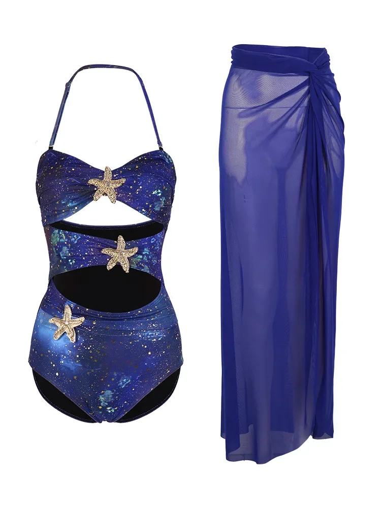 Gonna in rete blu lucido Costume intero da donna Hollwo Out Starfish Costume da bagno slim senza schienale Costumi da bagno per le vacanze 2025 Monokini