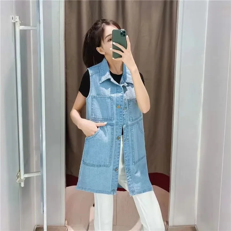 2025 nuevo chaleco vaquero de primavera y otoño para mujer, chaleco largo ajustado y fino a la moda, prendas de vestir exteriores que combinan con todo, chaleco, tendencia femenina