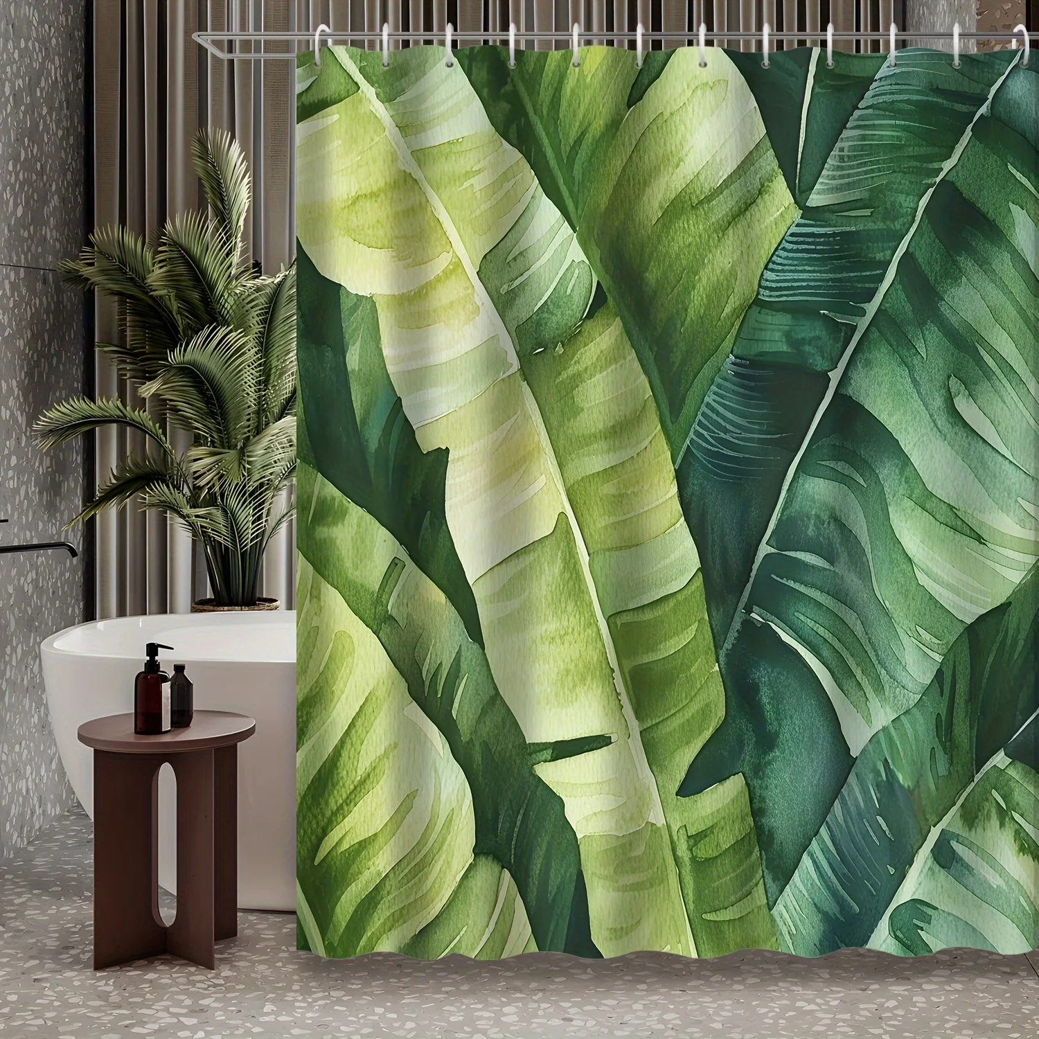 

1 шт., винтажная акварельная тропическая занавеска для душа с зеленым банановым листом, декоративный аксессуар для ванны с принтом и 12 крючками в комплекте