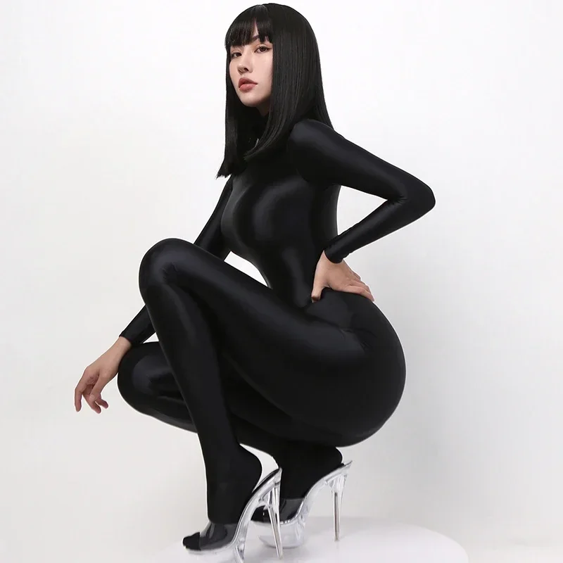 

Блестящее атласное Сексуальное Женское боди Zentai с длинным рукавом Длинные цельные Колготки Шелковый костюм черный комбинезон Клубная одежда уличная одежда