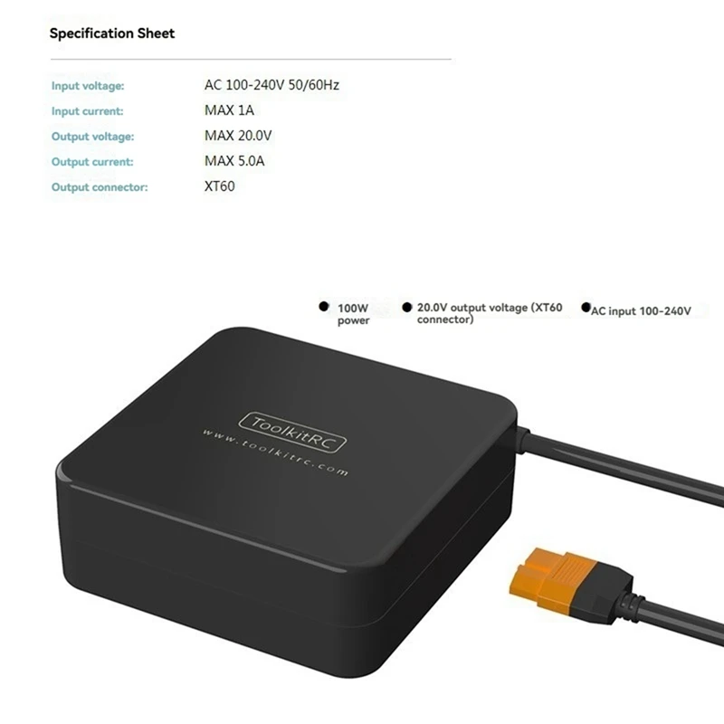 Toolkitrc ADP100 แหล่งจ่ายไฟอะแดปเตอร์ 100W 20V Drone Power Adapter พร้อมปลั๊ก XT60 สําหรับ FPV Drone RC แบตเตอรี่ Charger EU Plug