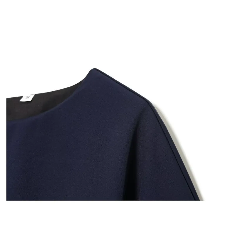 Fallen Shoulder Sleeves Pleated Midi Dress Women Autumn Casual Fashion Office Lady Slimming  Rear Fork Solid Dress