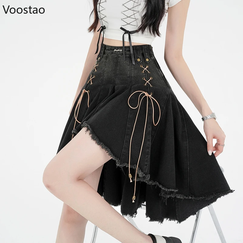 

Vintage Irregular Gradient Color Denim Skirt Women Gothic Bandage High Waist Party Skirts Korean Female Casual Y2k A-Line Skirt