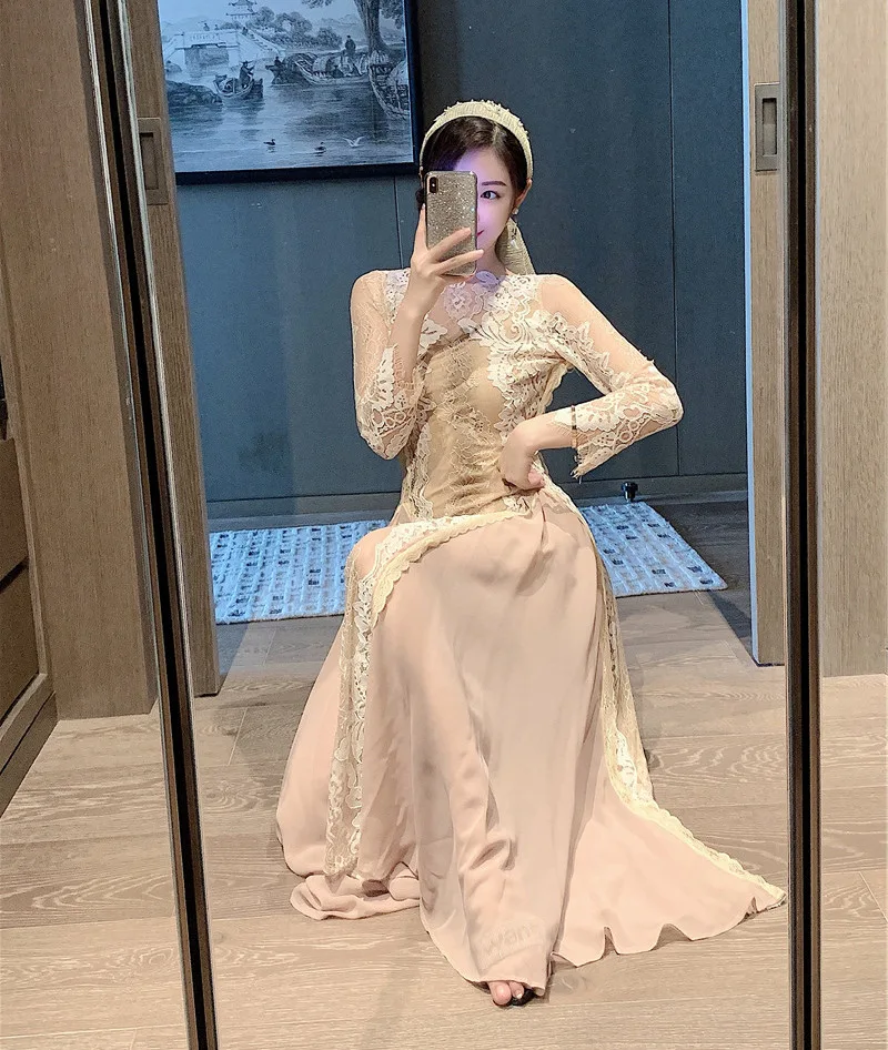 Ele Hoge Taille Lange Sve Kant Bal Vakantie Dr met Sjaal Crossbody Dames Faion Herfstseizoen Maxi Dr