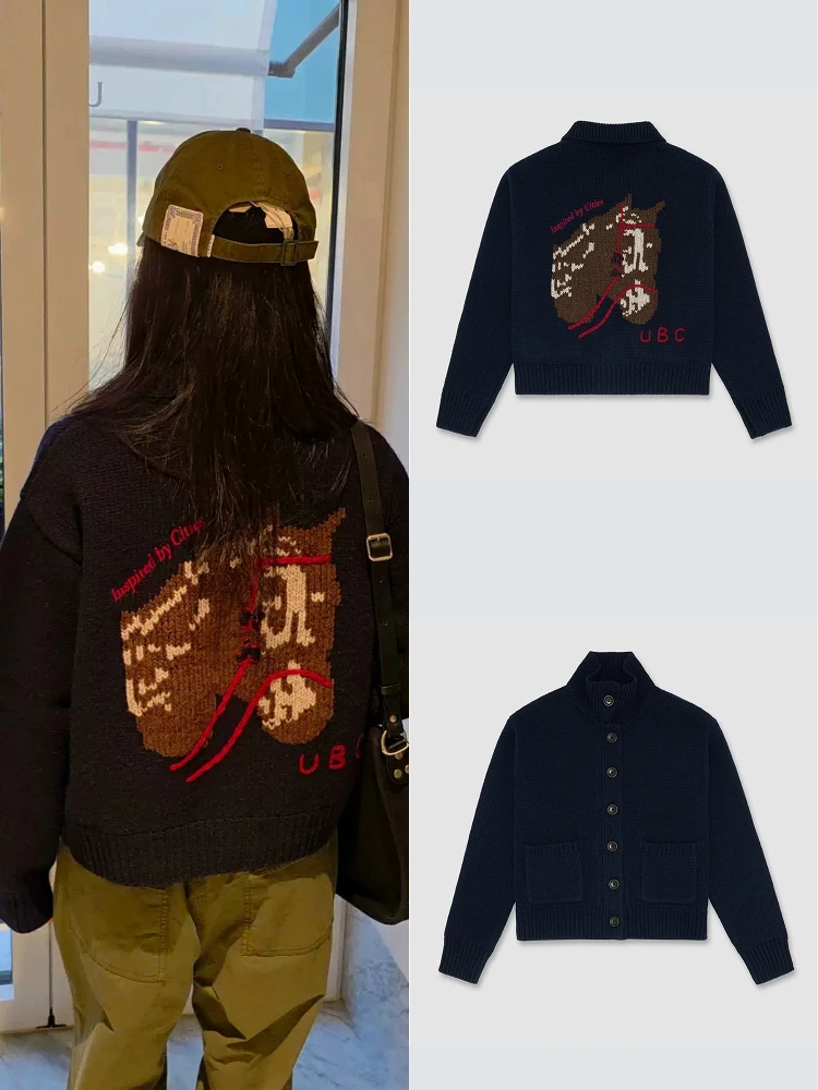 

Knitted Open Cardigan Women's Loose Vintage Button Design Sweater Jaet Ba Pattern Long Sve Stand Collar