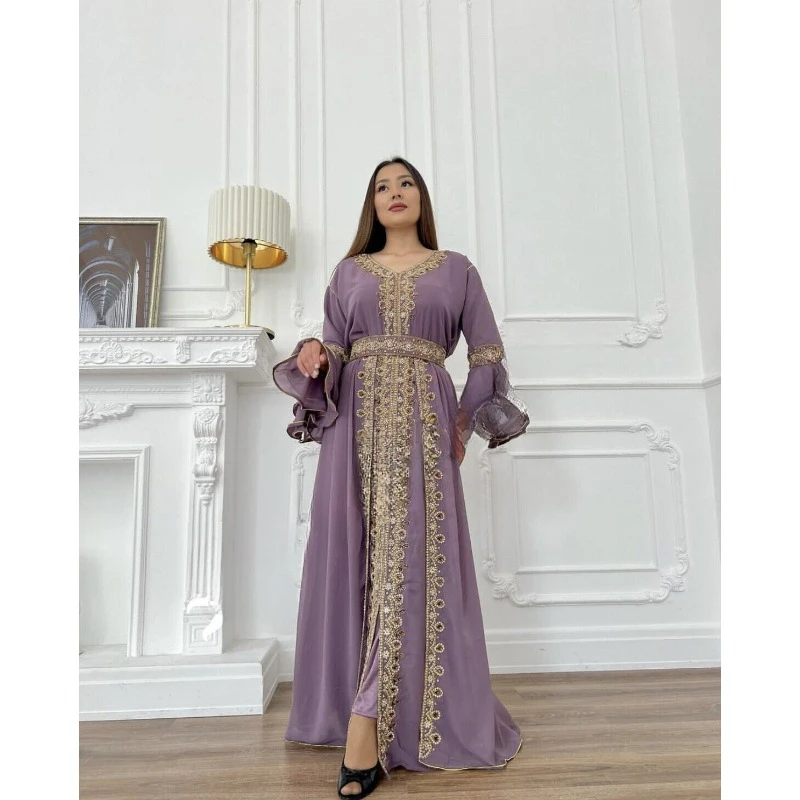 Light Purple Moroccan Dubai Kaftans Farasha Abaya Dress Very Fancy Long Gown