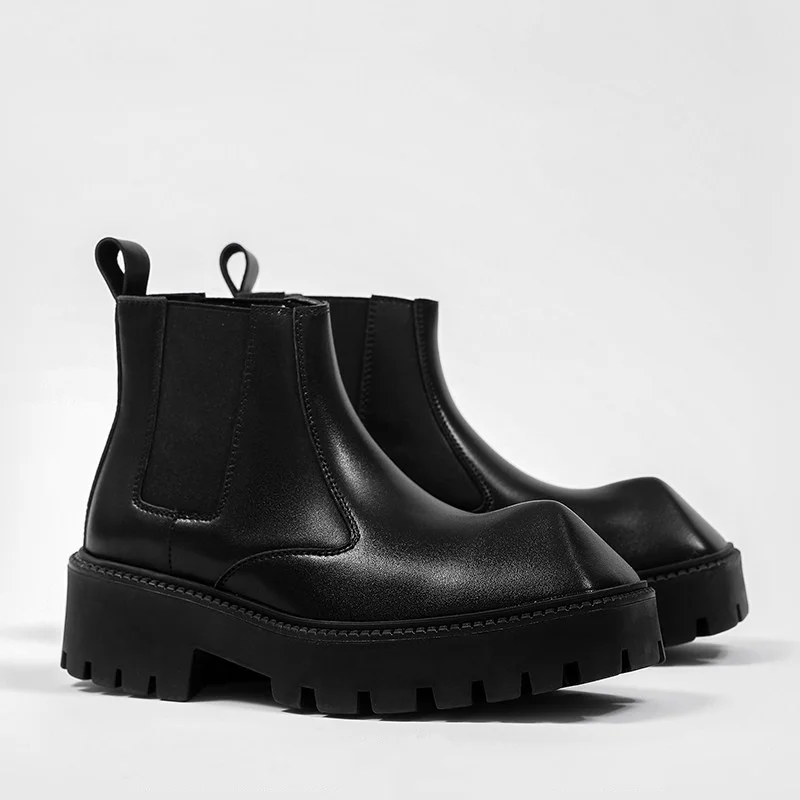 men fashion platform boots brand designer pointed toe shoes punk stage dresses genuine leather chelsea boot black ankle botas