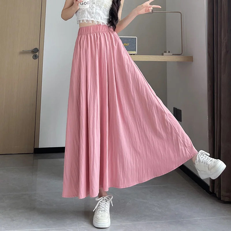 

Long Skirts Elegant Women Folds Fashion Loose High Waist Summer Thin Vacation Beach Dress Solid Korean Basic Sweet Skinny Skirts