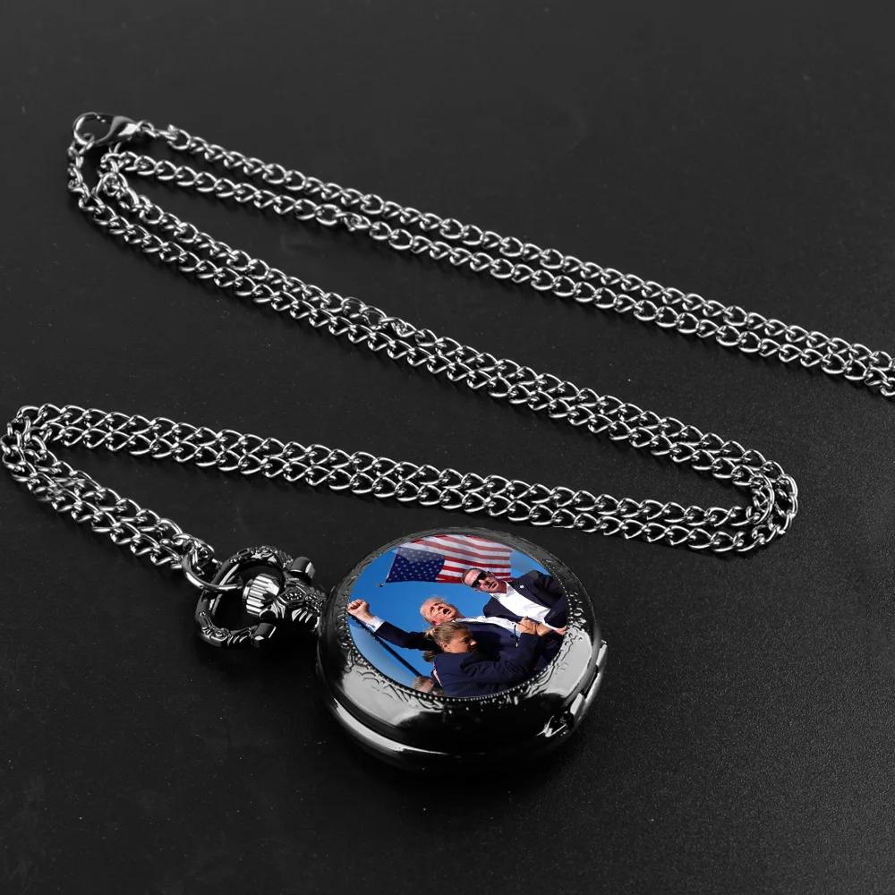 Trump 2024 Design Glass Dome Quartz Pocket Watch with Durable Chain Arabic Numeral Dial for Men and Women Creative Gifts