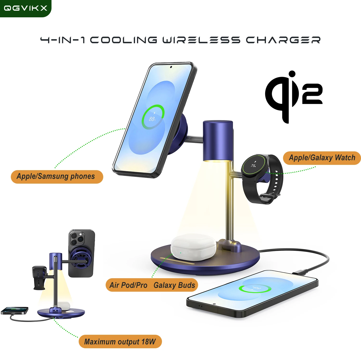 Qi2 15W 4-in-1 Magnetic Cooling Wireless Charger with Night Light Compatible with Apple and Samsung Phones Watches and Earphones