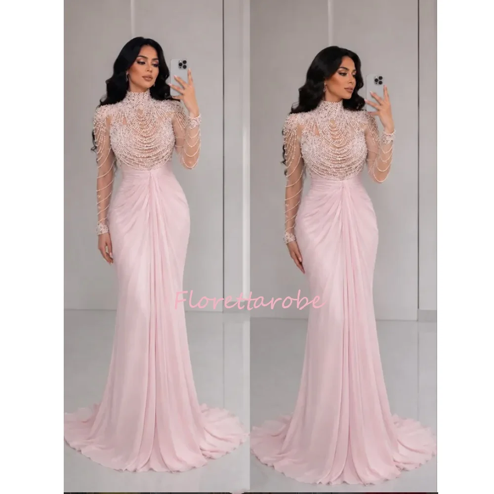 Elegantes Langarm-Abendkleid mit Kristallperlen Luxuriöse Saudi-Dubai Damen-Partykleider Maßgeschneiderte Ballkleider