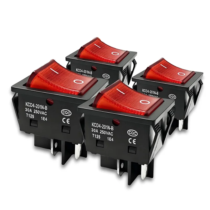 【KITS】T125 Toggle Switch 30A 250V AC DPST 4 Pin Rocker Toggle Switch, 4 Pack Heavy Duty For Home Appliances Red Light On/Off