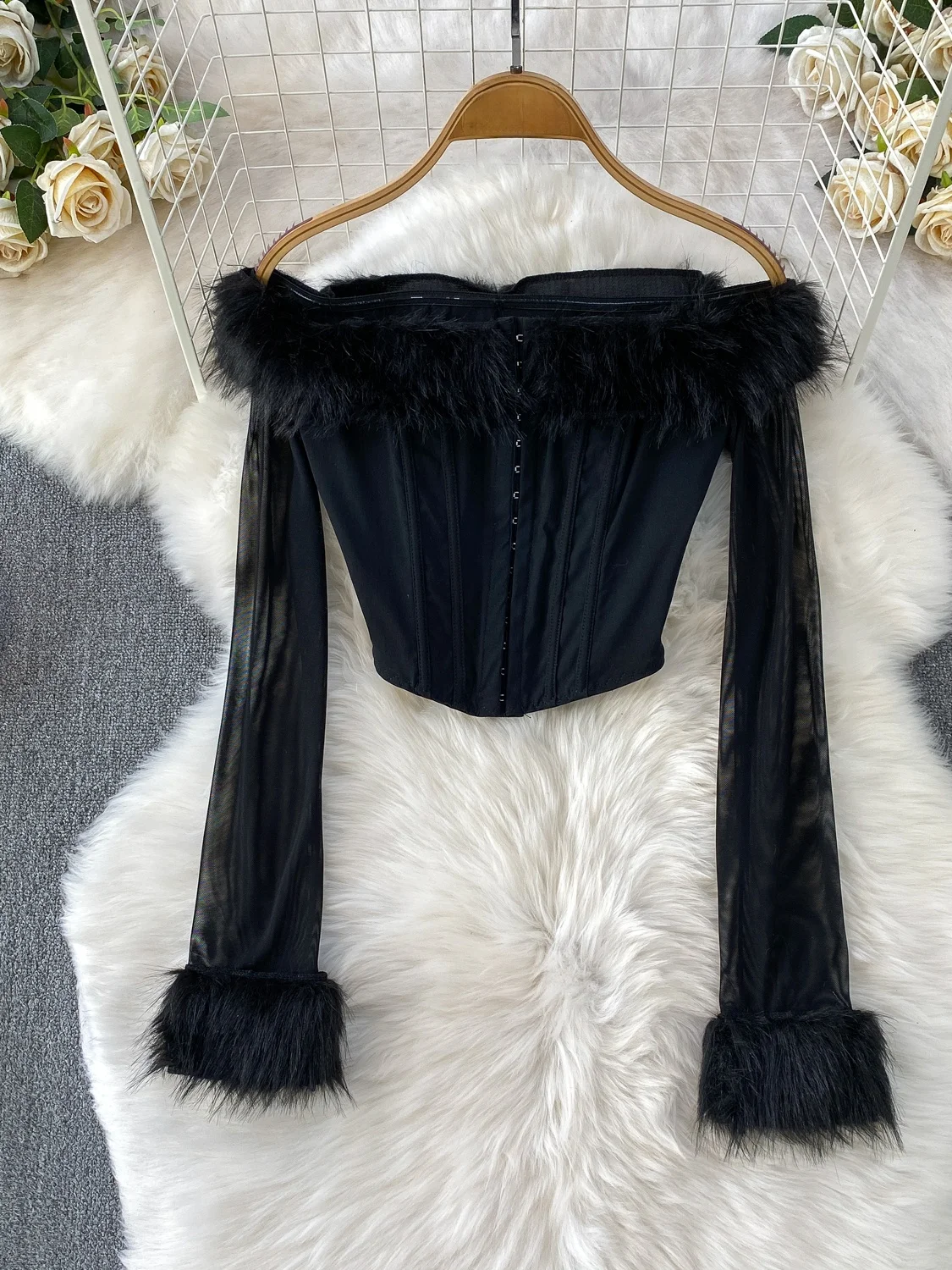 

Shoulder Bared Long Sleeve Short Shirt Women's 2026 New Style Pure Desirable Slimming Fishbone Waist Short Top Korean Style C...