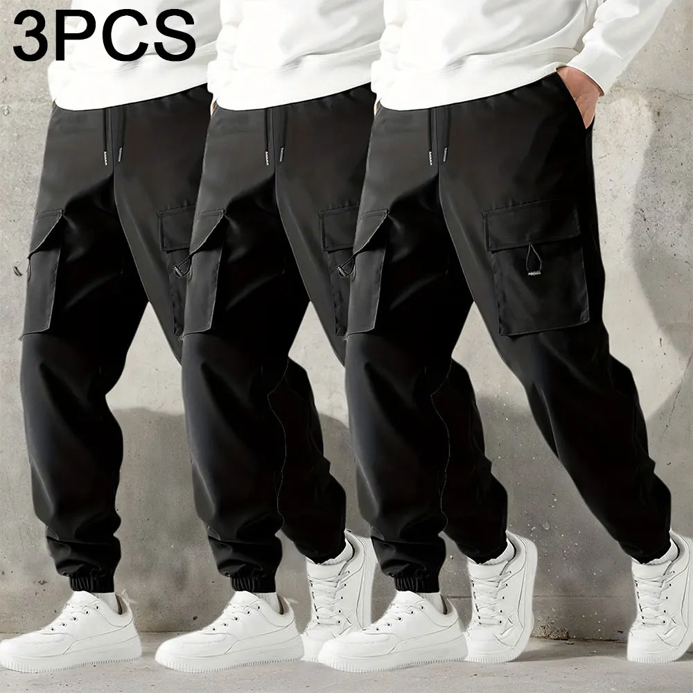 

3-Piece Cargo Pants Men Y2K Casual Multi-pocket Drawstring Pants Hiking Workout Sportwear Punk Style Male Quick Dry Trousers