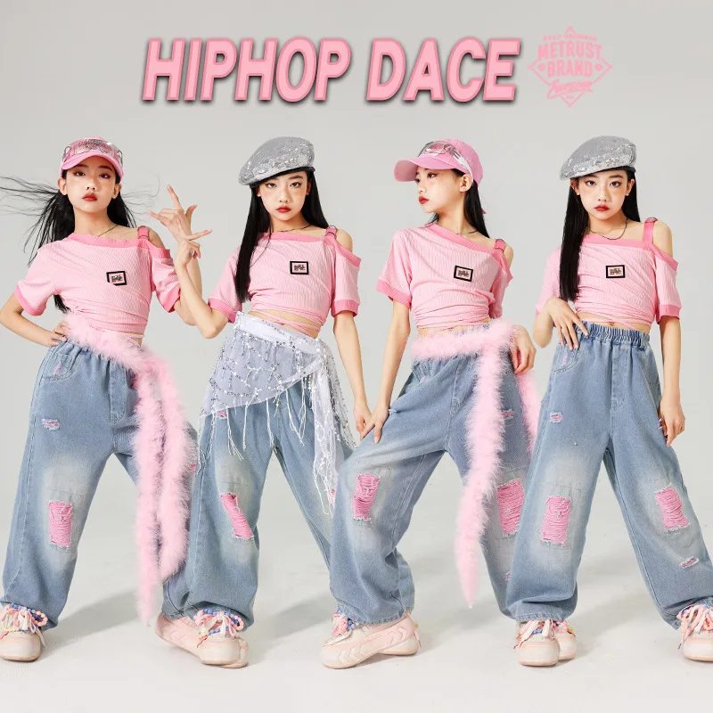 여자 k-pop 달콤한 자르기 탑 핑크 청바지 힙합 의류 세트 어린이 재즈 찢어진 데님 바지 어린이 streetwear 거리 댄스 의상